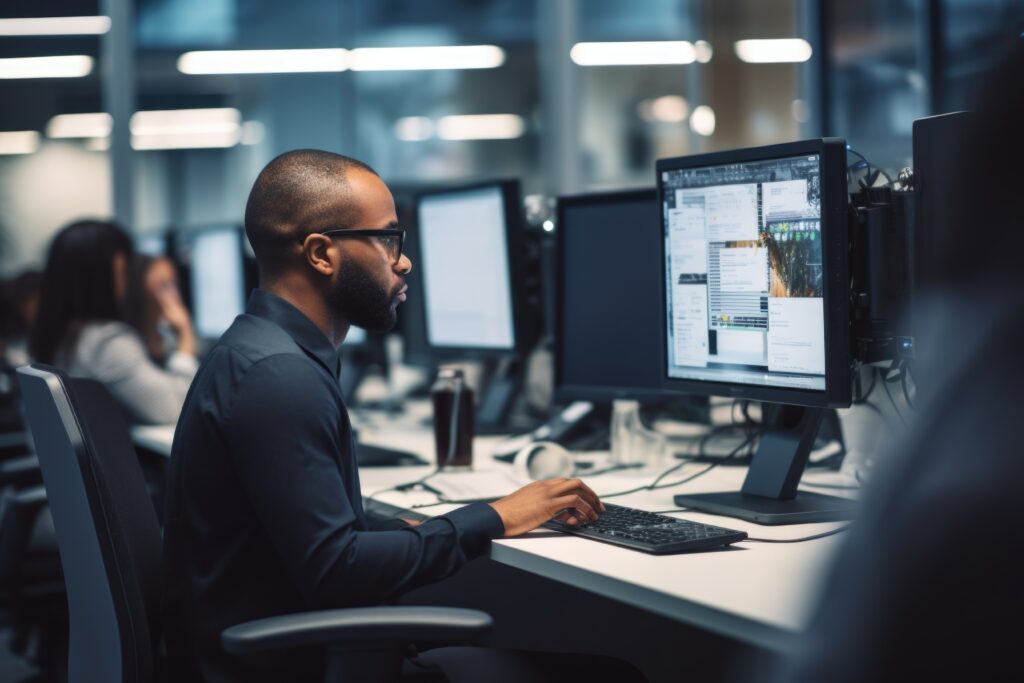 A man in an office setting, sitting at a desk in front of a computer.