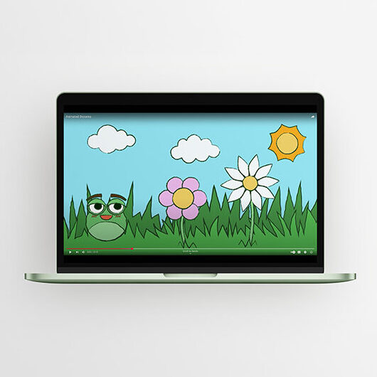 Animated YouTube video, shown on a laptop